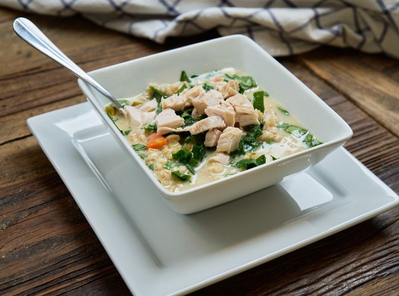 Chicken, Leek, and Faro Soup with Spinach